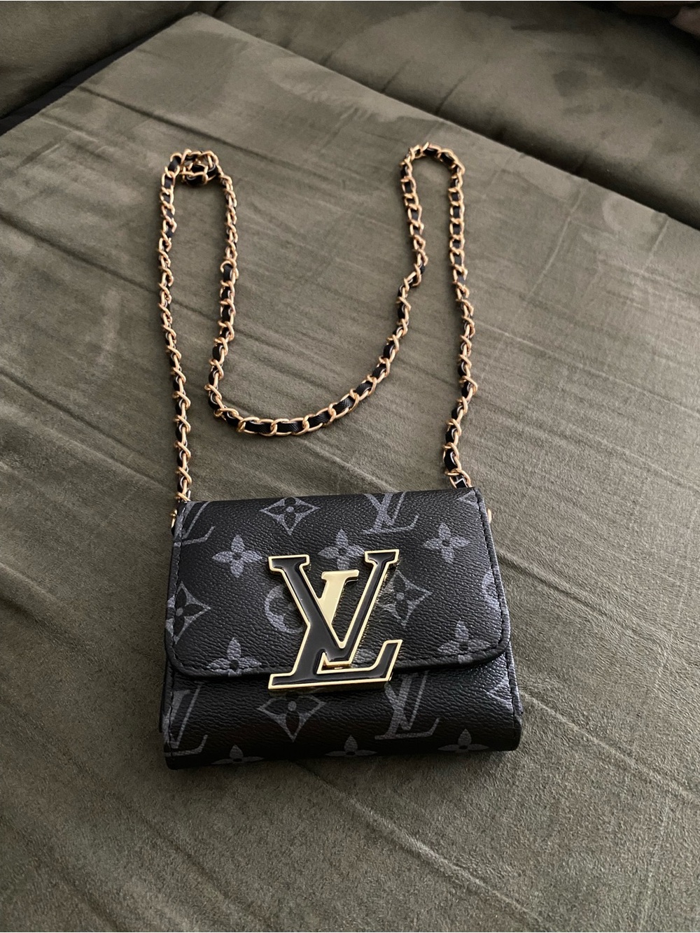 LV Black Monogram Mini Chain Wallet with Gold Hardware